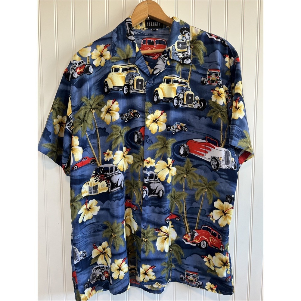 ferugini shirt button Up Men Size XL Haiwian Classic Cars‎ Polyester